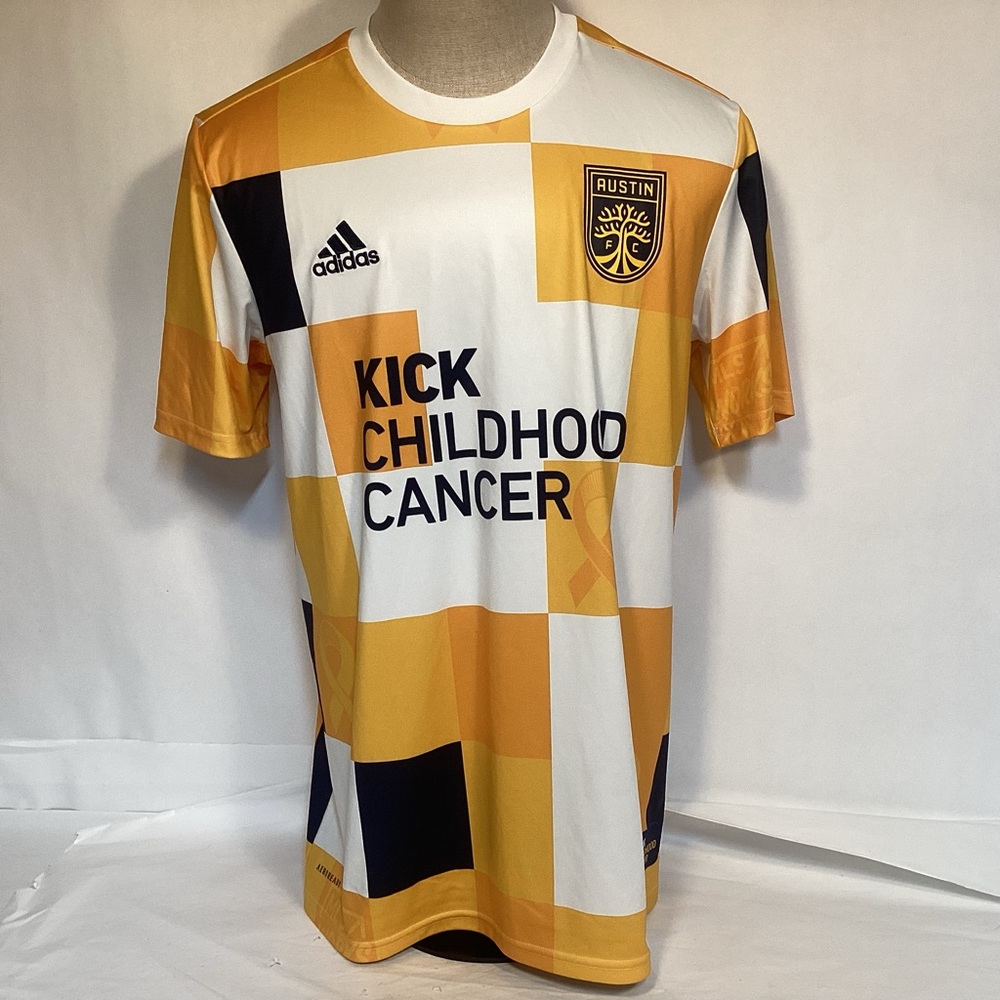 Adidas Austin FC 2022 MLS Works Kick Childhood Cancer Men’s Soccer Jersey size L